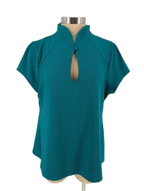 ModCloth 60s Retro Shirt Teal Short Sleeve Keyhole Mandarin Collar Top 2X